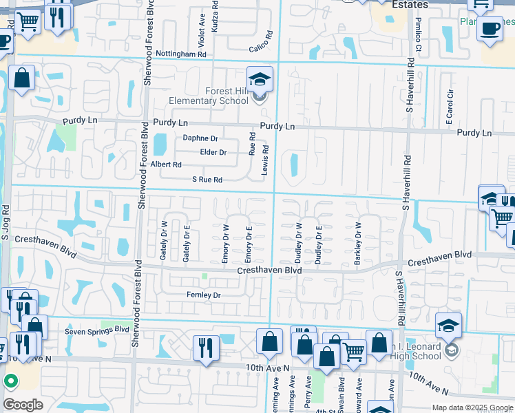 map of restaurants, bars, coffee shops, grocery stores, and more near 2564 Emory Drive West in West Palm Beach