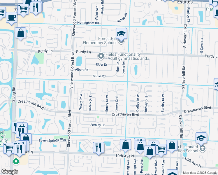 map of restaurants, bars, coffee shops, grocery stores, and more near 2531 Emory Drive West in West Palm Beach