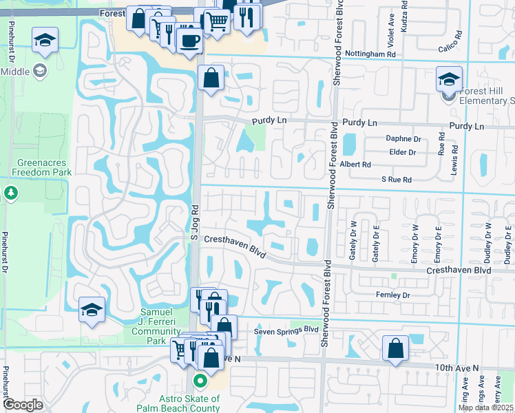 map of restaurants, bars, coffee shops, grocery stores, and more near 609 Sea Pine Way in Greenacres
