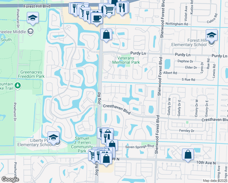 map of restaurants, bars, coffee shops, grocery stores, and more near 520 Shady Pine Way in Greenacres