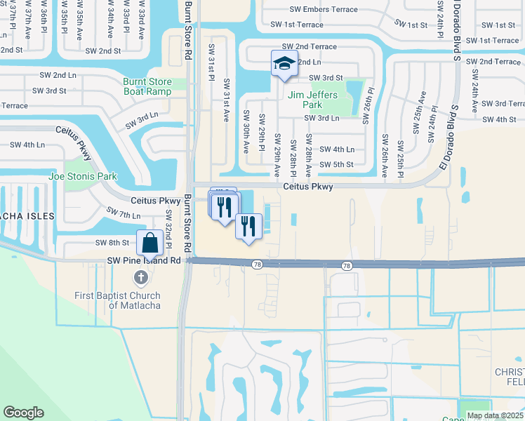 map of restaurants, bars, coffee shops, grocery stores, and more near 2903 Southwest Pine Island Road in Cape Coral
