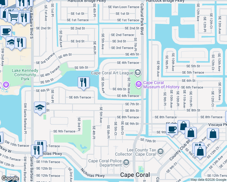 map of restaurants, bars, coffee shops, grocery stores, and more near 523 Southeast 6th Terrace in Cape Coral