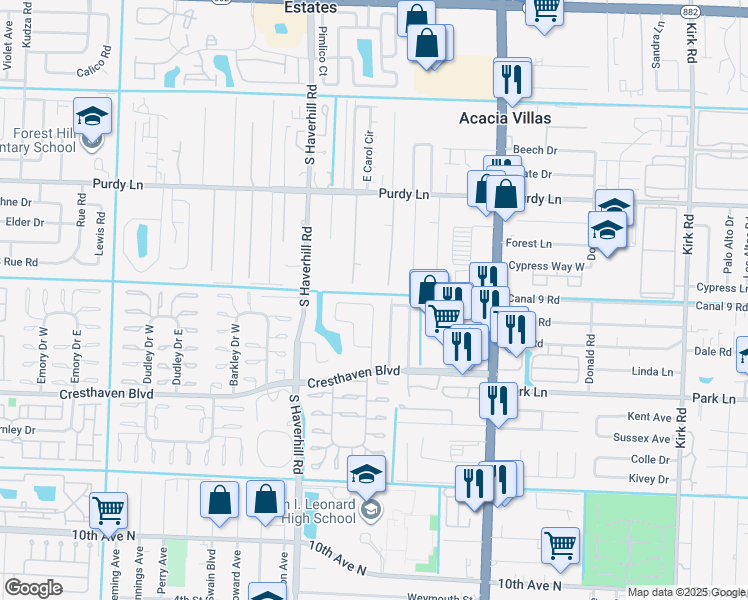 map of restaurants, bars, coffee shops, grocery stores, and more near 2589 Parkcrest Street in West Palm Beach
