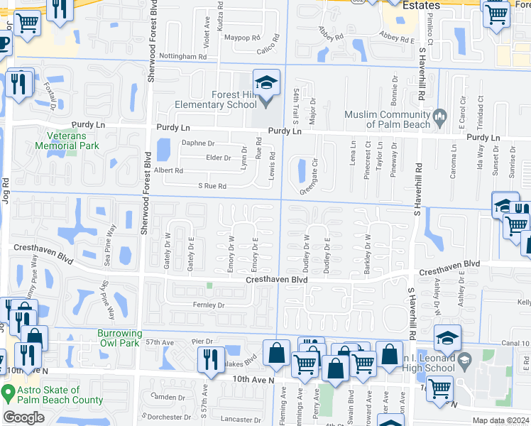 map of restaurants, bars, coffee shops, grocery stores, and more near 2564 Emory Drive West in West Palm Beach