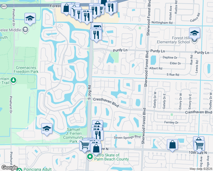 map of restaurants, bars, coffee shops, grocery stores, and more near 520 Shady Pine Way in Greenacres