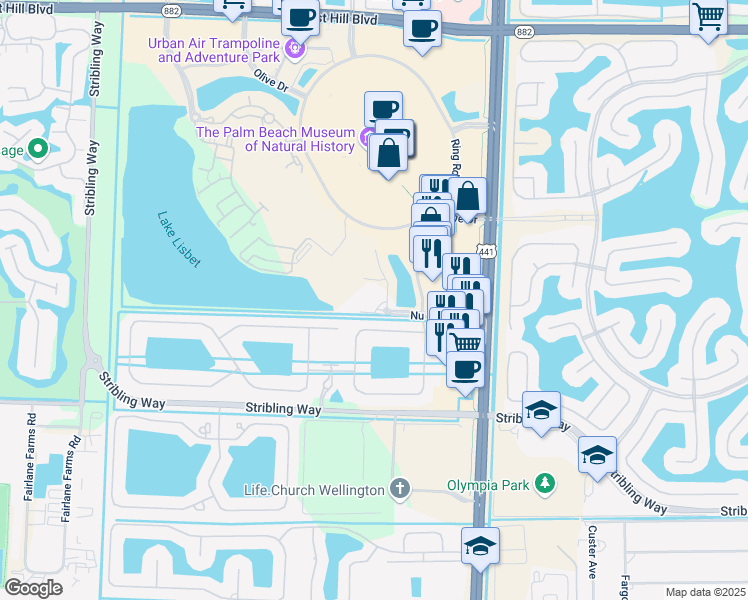 map of restaurants, bars, coffee shops, grocery stores, and more near 10330 Nu Vista Avenue in Wellington