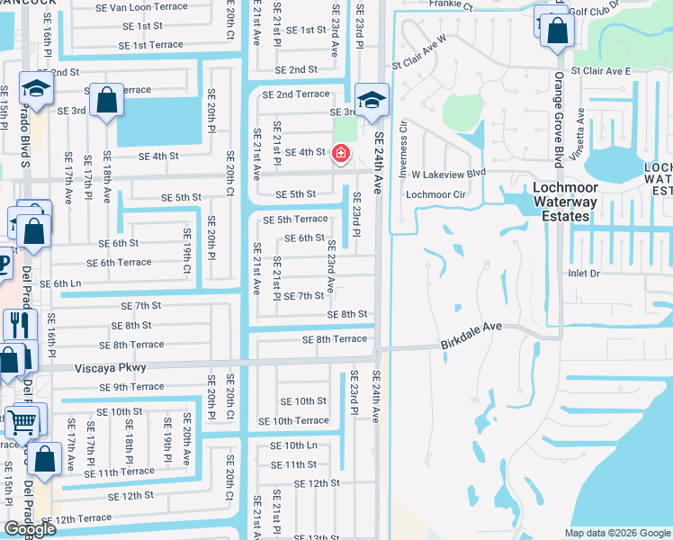 map of restaurants, bars, coffee shops, grocery stores, and more near 2316 Southeast 6th Lane in Cape Coral