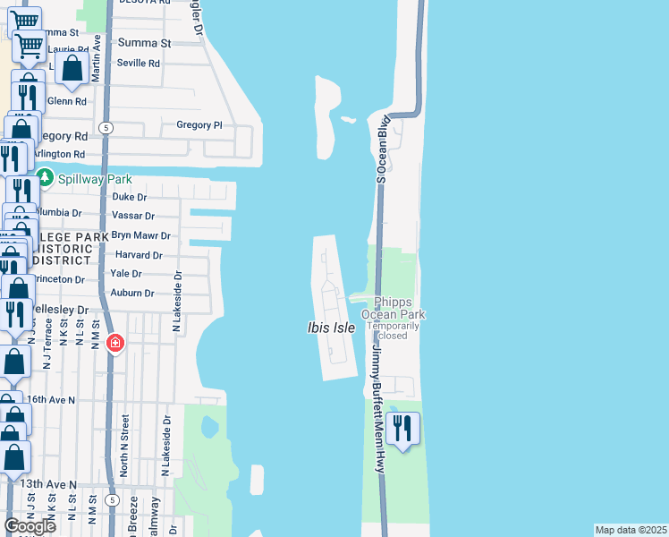 map of restaurants, bars, coffee shops, grocery stores, and more near 2185 Ibis Isle Road in Palm Beach