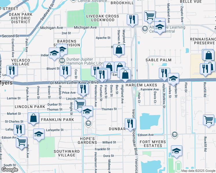 map of restaurants, bars, coffee shops, grocery stores, and more near 2111 French Street in Fort Myers