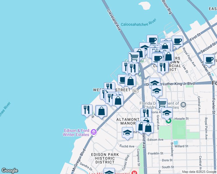 map of restaurants, bars, coffee shops, grocery stores, and more near 2116 West First Street in Fort Myers