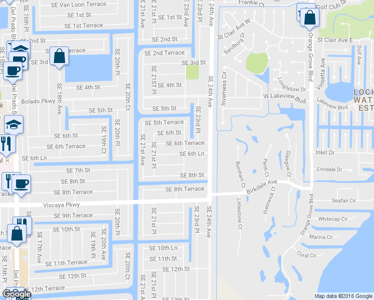 map of restaurants, bars, coffee shops, grocery stores, and more near 2316 Southeast 6th Lane in Cape Coral