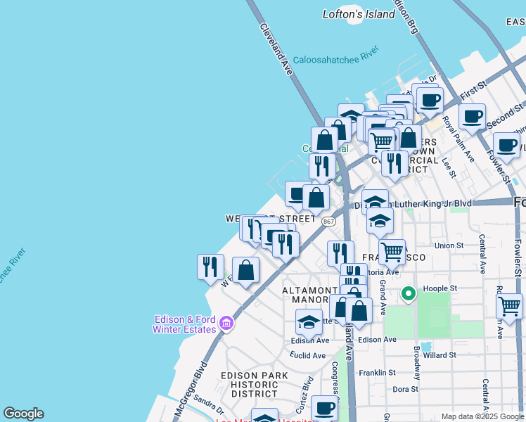 map of restaurants, bars, coffee shops, grocery stores, and more near 2116 West First Street in Fort Myers