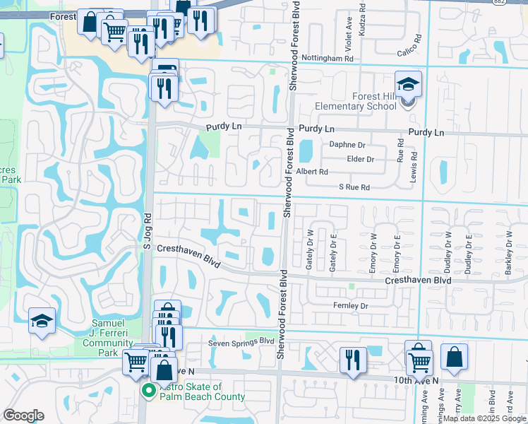 map of restaurants, bars, coffee shops, grocery stores, and more near 516 Sea Pine Way in Greenacres