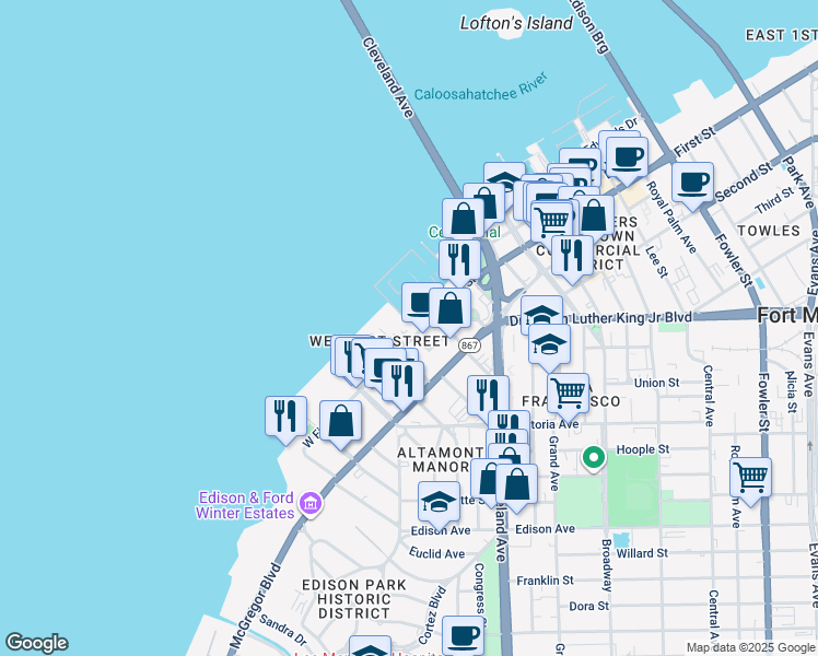 map of restaurants, bars, coffee shops, grocery stores, and more near 2002 Bayside Parkway in Fort Myers