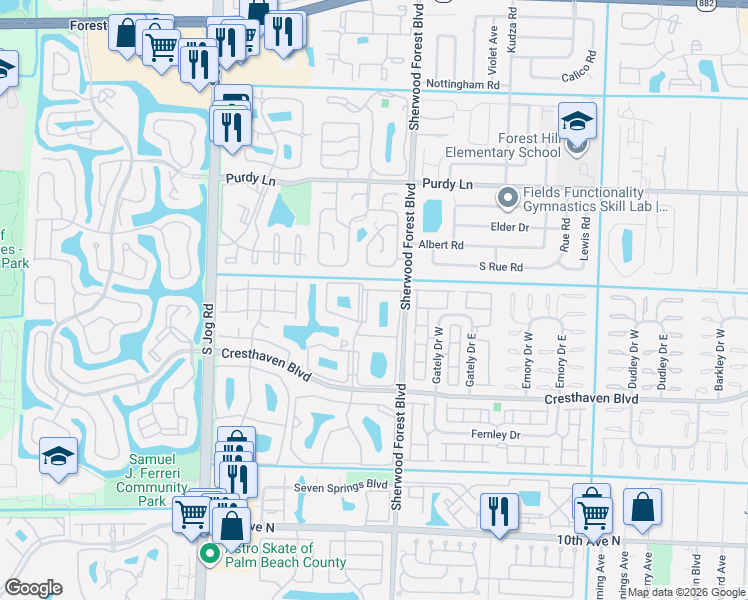 map of restaurants, bars, coffee shops, grocery stores, and more near 516 Sea Pine Way in Greenacres