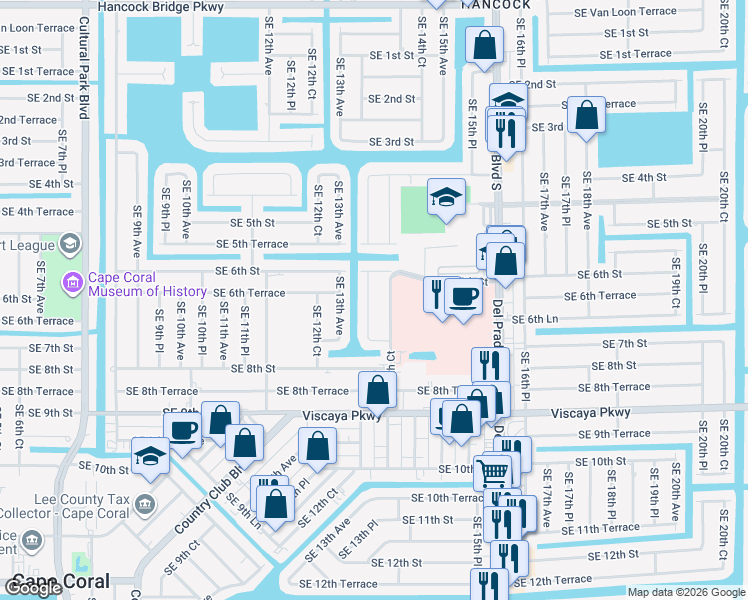 map of restaurants, bars, coffee shops, grocery stores, and more near 631 Southeast 13th Place in Cape Coral