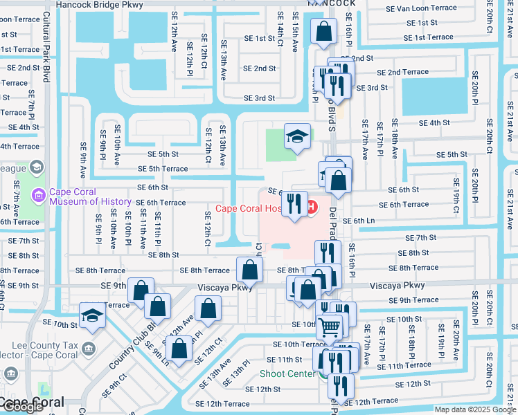 map of restaurants, bars, coffee shops, grocery stores, and more near 601 Southeast 13th Court in Cape Coral