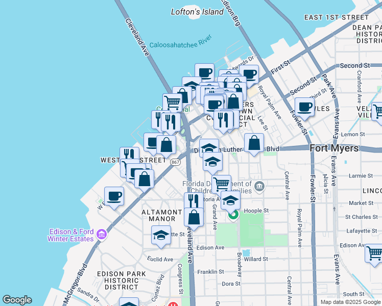 map of restaurants, bars, coffee shops, grocery stores, and more near 104 Tamiami Trail in Fort Myers