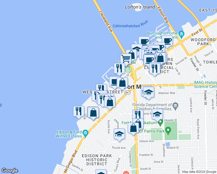 map of restaurants, bars, coffee shops, grocery stores, and more near 2002 Bayside Parkway in Fort Myers
