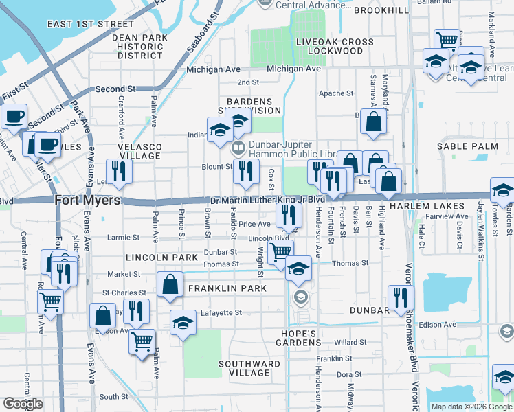 map of restaurants, bars, coffee shops, grocery stores, and more near 2012 Wright Street in Fort Myers