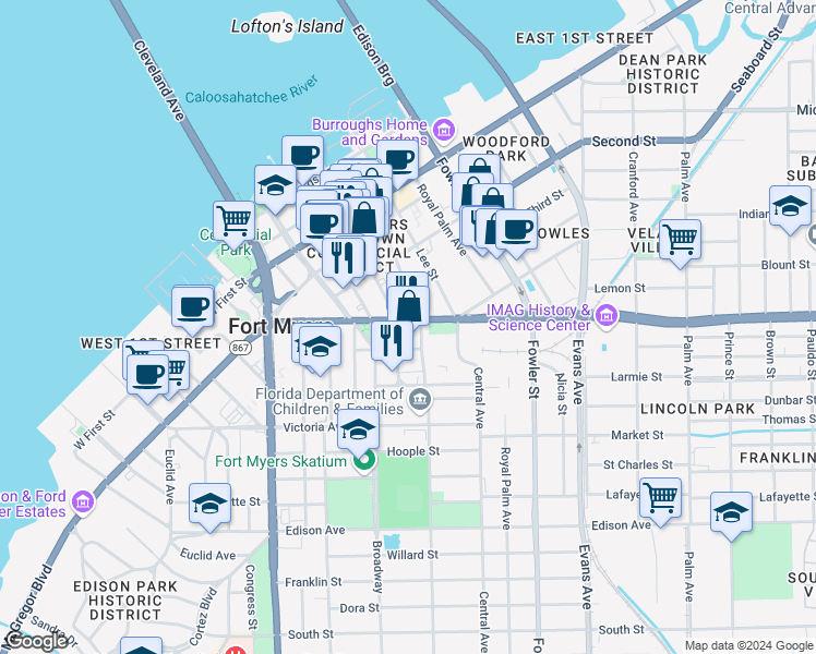 map of restaurants, bars, coffee shops, grocery stores, and more near 2265 Peck Street in Fort Myers