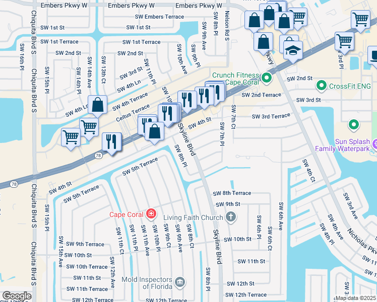 map of restaurants, bars, coffee shops, grocery stores, and more near 519 Southwest 8th Place in Cape Coral