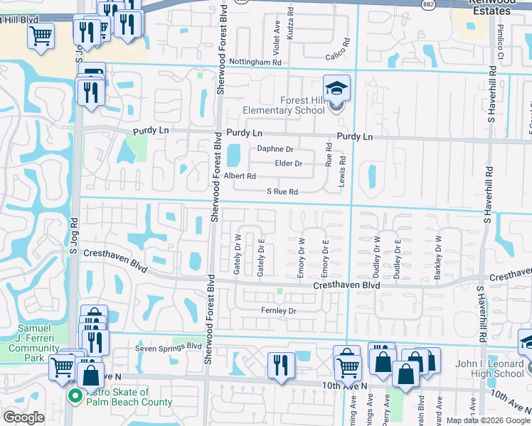map of restaurants, bars, coffee shops, grocery stores, and more near 2638 Gately Drive East in West Palm Beach