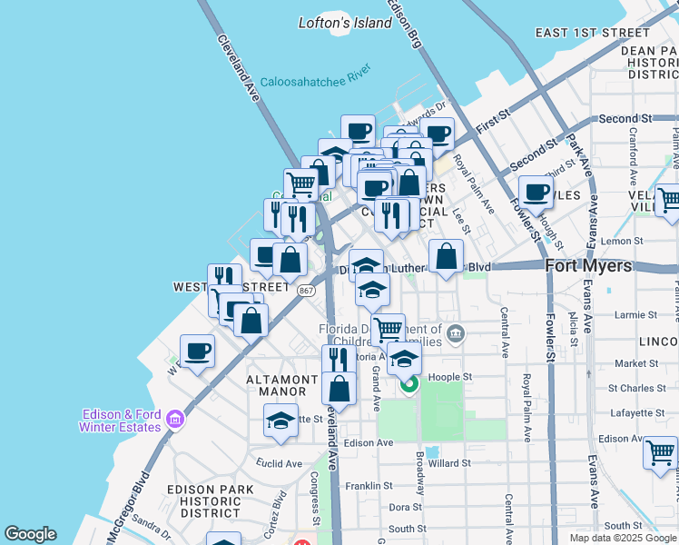 map of restaurants, bars, coffee shops, grocery stores, and more near in Fort Myers
