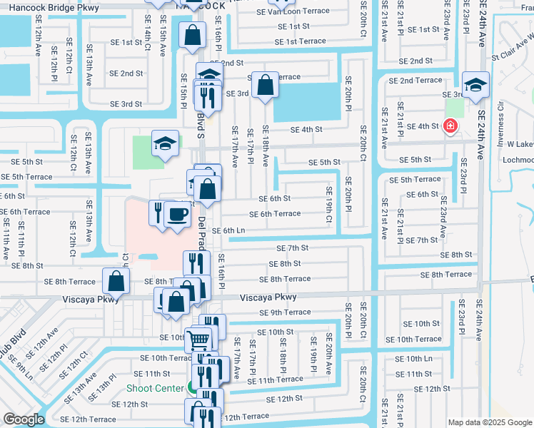 map of restaurants, bars, coffee shops, grocery stores, and more near 619 Southeast 18th Avenue in Cape Coral