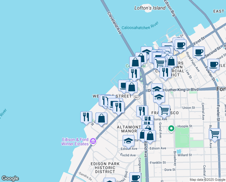 map of restaurants, bars, coffee shops, grocery stores, and more near 2116 West First Street in Fort Myers