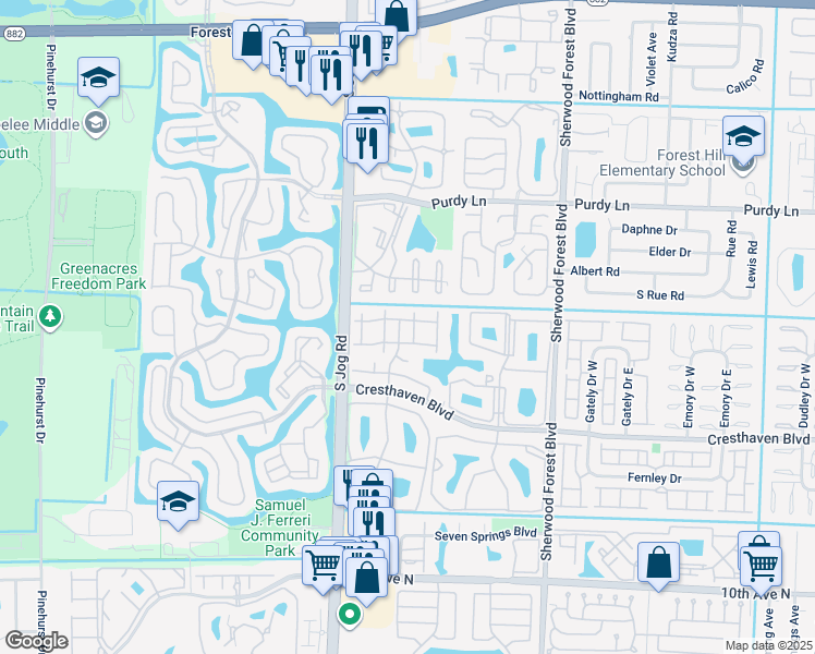 map of restaurants, bars, coffee shops, grocery stores, and more near 520 Shady Pine Way in Greenacres