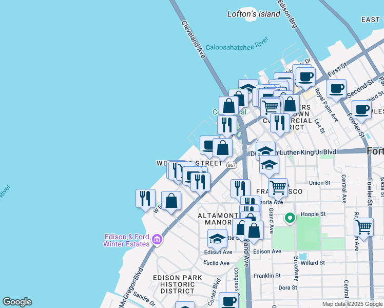 map of restaurants, bars, coffee shops, grocery stores, and more near 2116 West First Street in Fort Myers