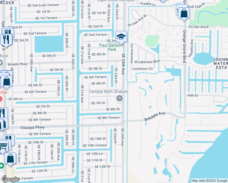 map of restaurants, bars, coffee shops, grocery stores, and more near 2316 Southeast 6th Lane in Cape Coral