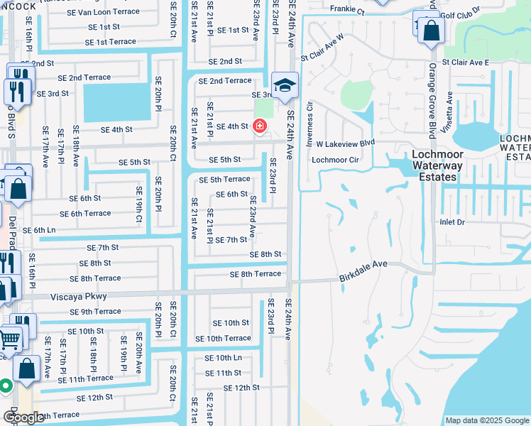 map of restaurants, bars, coffee shops, grocery stores, and more near 2316 Southeast 6th Lane in Cape Coral