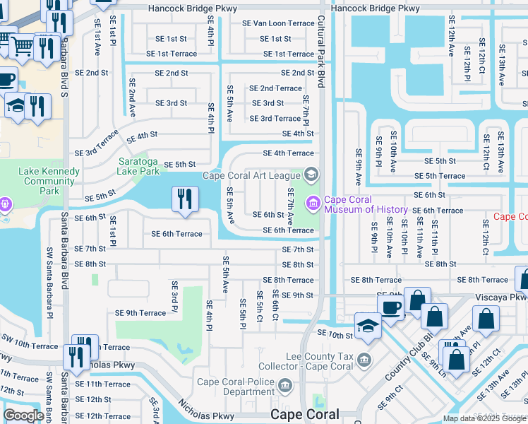 map of restaurants, bars, coffee shops, grocery stores, and more near 541 Southeast 6th Avenue in Cape Coral