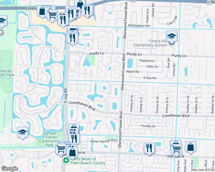map of restaurants, bars, coffee shops, grocery stores, and more near 516 Sea Pine Way in Greenacres