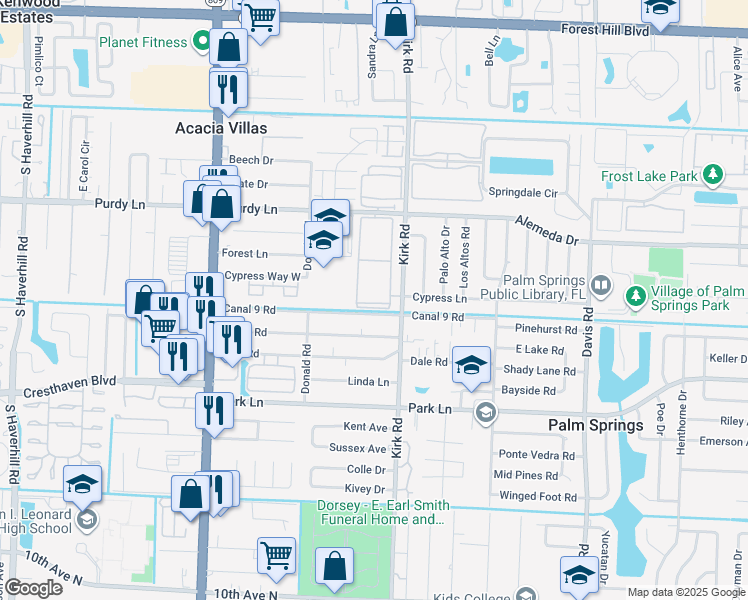 map of restaurants, bars, coffee shops, grocery stores, and more near 300 Village Green Circle South in Palm Springs