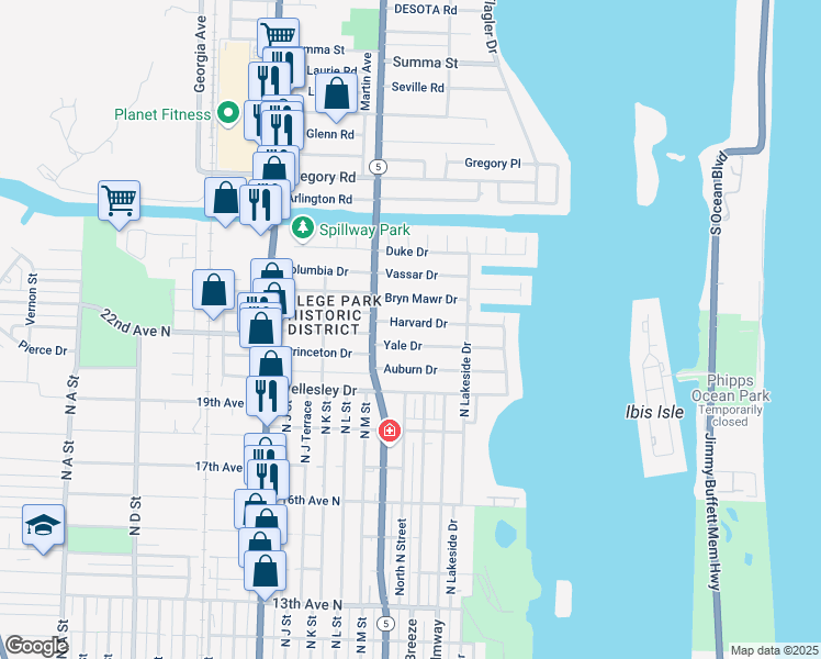 map of restaurants, bars, coffee shops, grocery stores, and more near 141 Yale Drive in Lake Worth