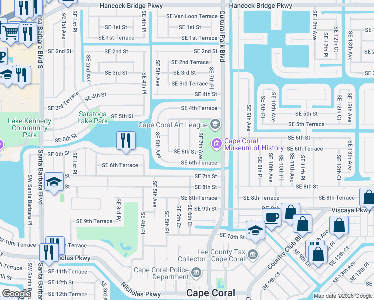 map of restaurants, bars, coffee shops, grocery stores, and more near 545 Southeast 6th Terrace in Cape Coral
