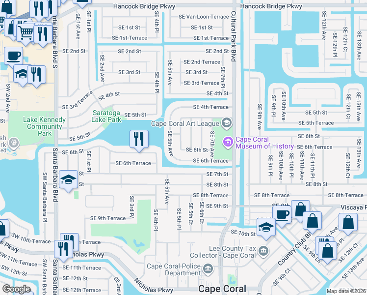 map of restaurants, bars, coffee shops, grocery stores, and more near 523 Southeast 6th Terrace in Cape Coral