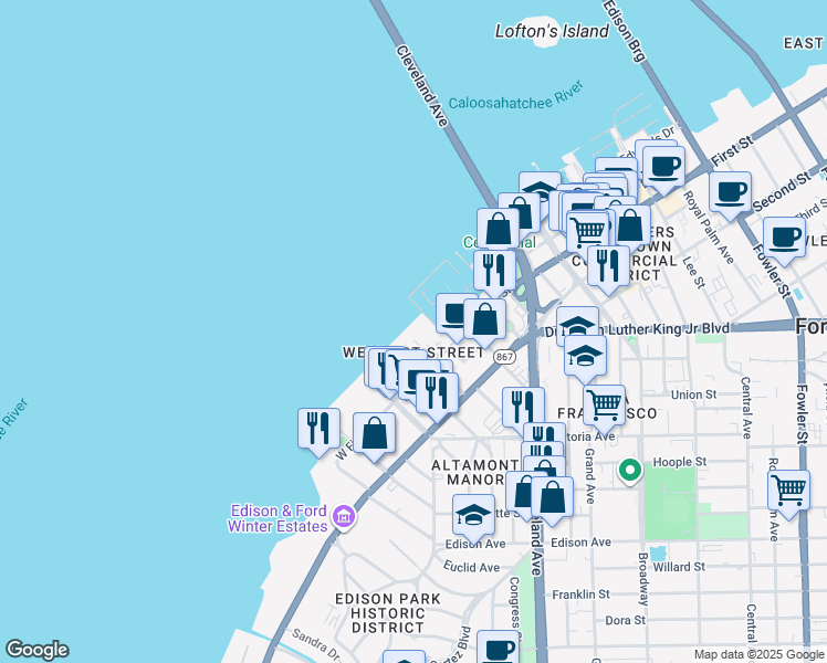map of restaurants, bars, coffee shops, grocery stores, and more near 2116 West First Street in Fort Myers