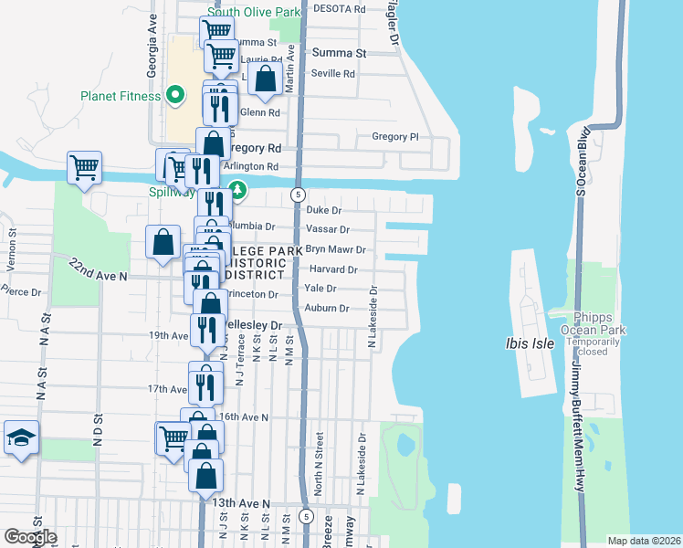 map of restaurants, bars, coffee shops, grocery stores, and more near 135 Harvard Drive in Lake Worth Beach