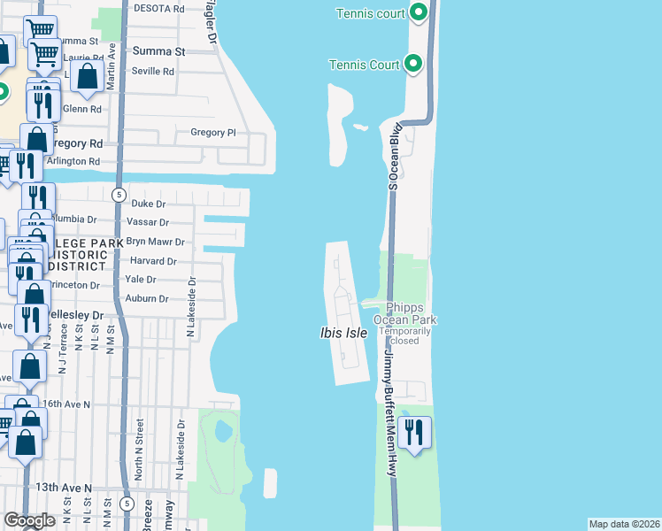 map of restaurants, bars, coffee shops, grocery stores, and more near 2155 Ibis Isle Road in Palm Beach