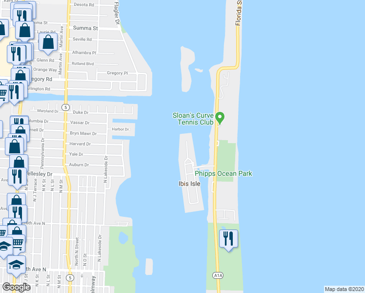 map of restaurants, bars, coffee shops, grocery stores, and more near 2155 Ibis Isle Road in Palm Beach