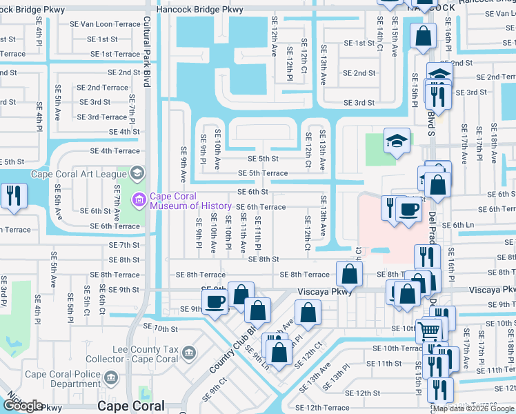 map of restaurants, bars, coffee shops, grocery stores, and more near 301 Southeast 11th Place in Cape Coral