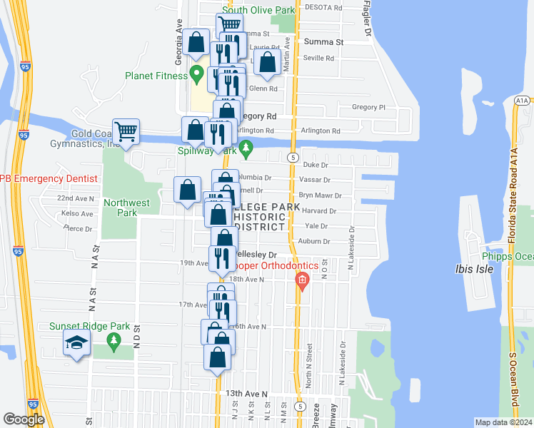 map of restaurants, bars, coffee shops, grocery stores, and more near 228 Dartmouth Drive in Lake Worth
