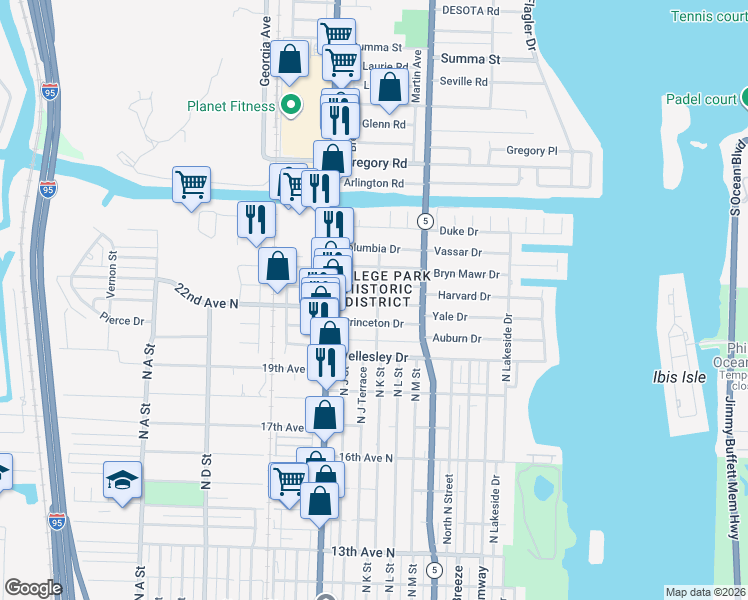 map of restaurants, bars, coffee shops, grocery stores, and more near 320 Dartmouth Drive in Lake Worth