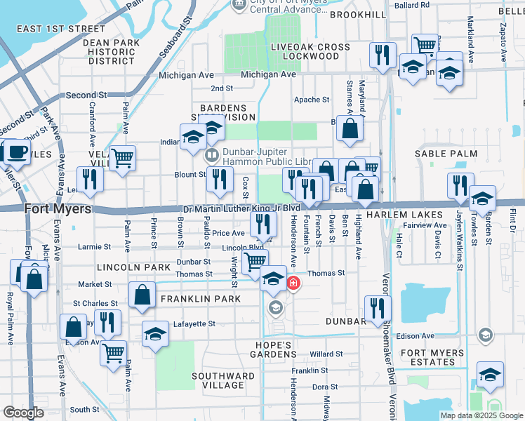 map of restaurants, bars, coffee shops, grocery stores, and more near 3210 Doctor Martin Luther King Junior Boulevard in Fort Myers