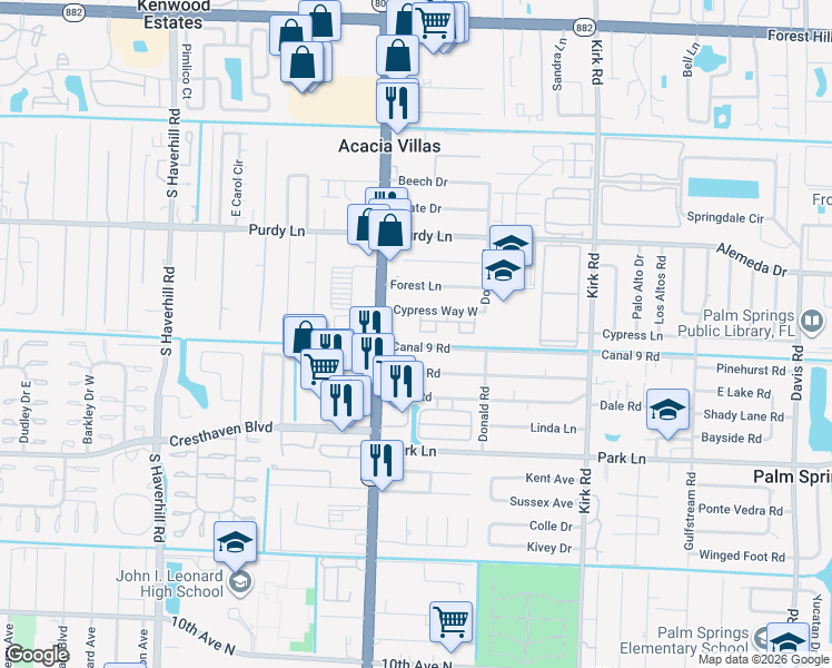 map of restaurants, bars, coffee shops, grocery stores, and more near 150 Cypress Way West in Palm Springs