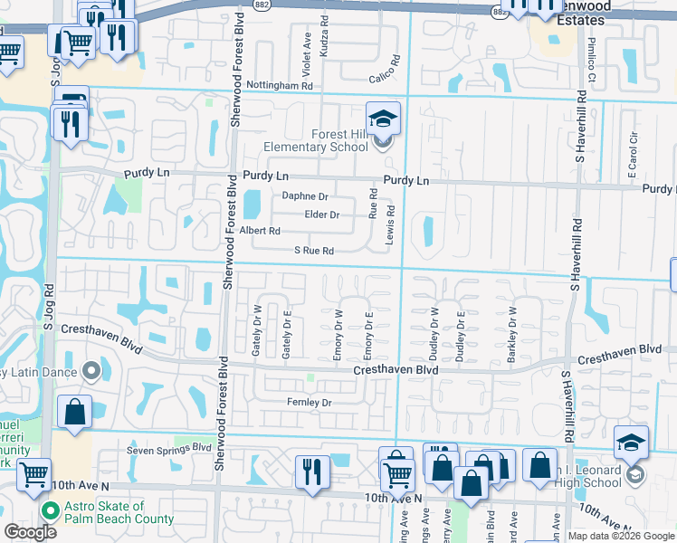 map of restaurants, bars, coffee shops, grocery stores, and more near 5652 South Rue Road in West Palm Beach